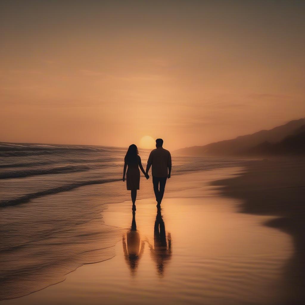 Couple Holding Hands Walking on Beach at Sunset