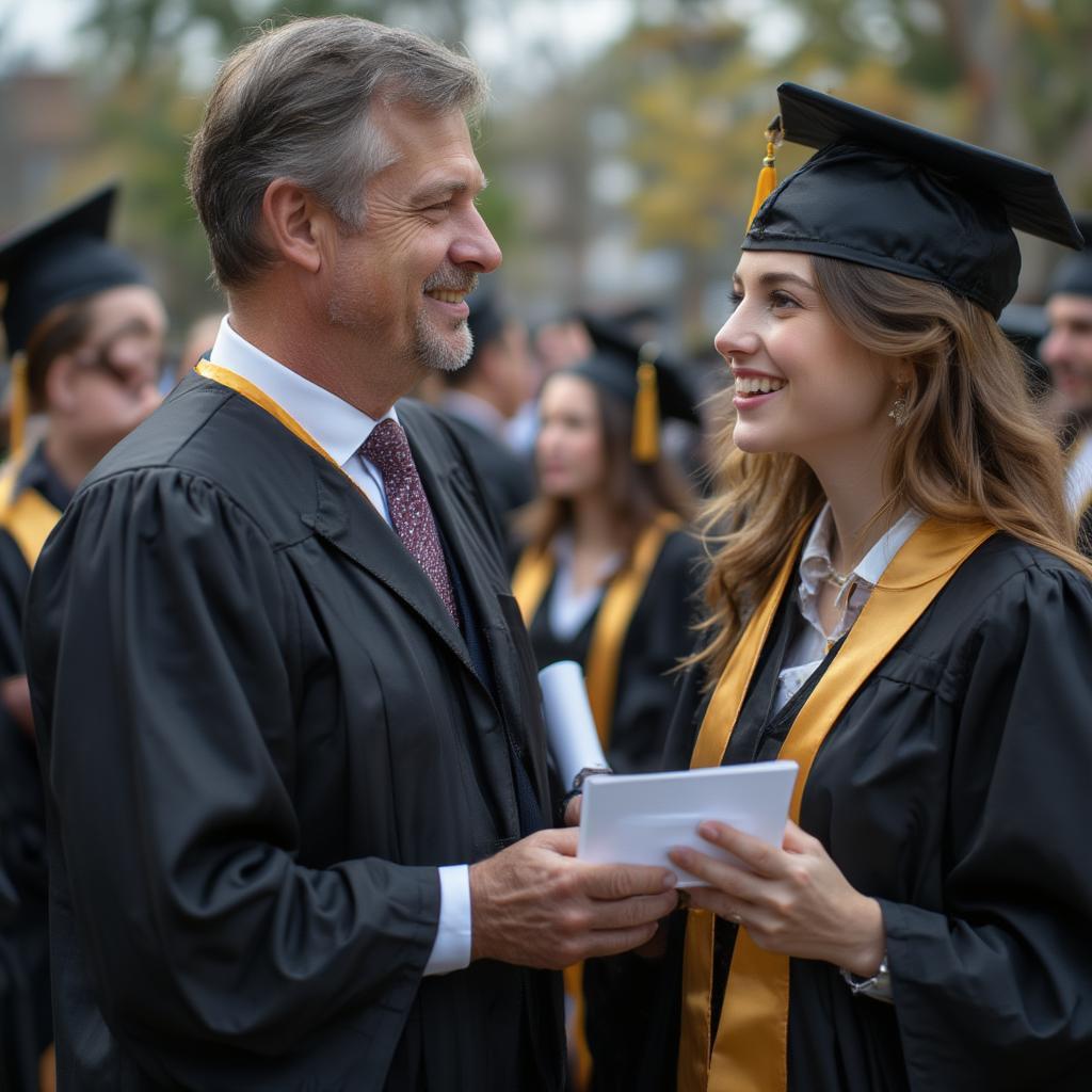 A father proudly looks at his daughter, who is wearing a graduation cap and gown, beaming with joy.