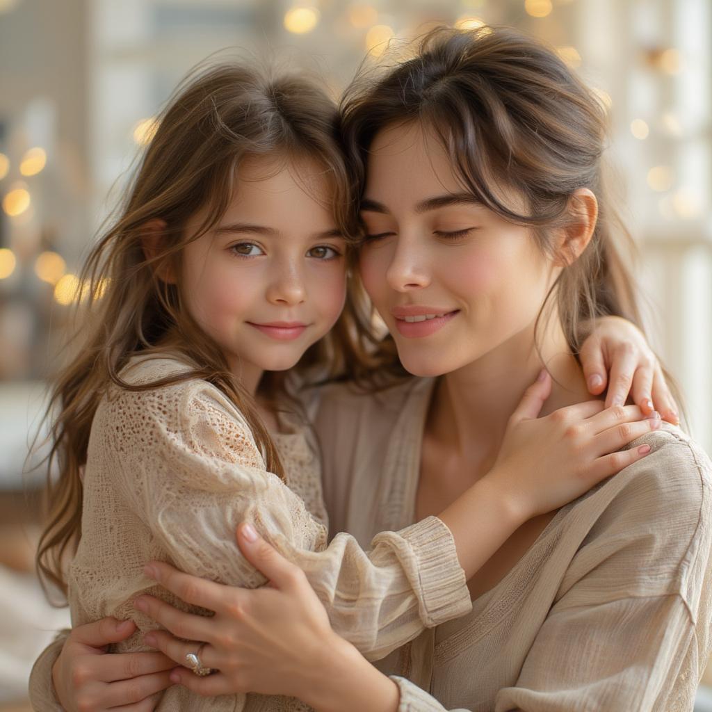 A mother and daughter embrace warmly, a visible display of affection and connection