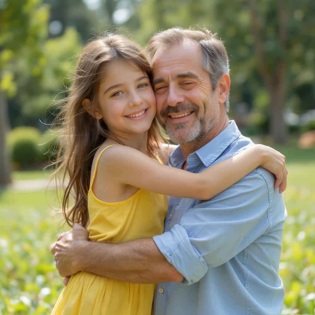 A daughter hugging her father, showing a warm and loving connection