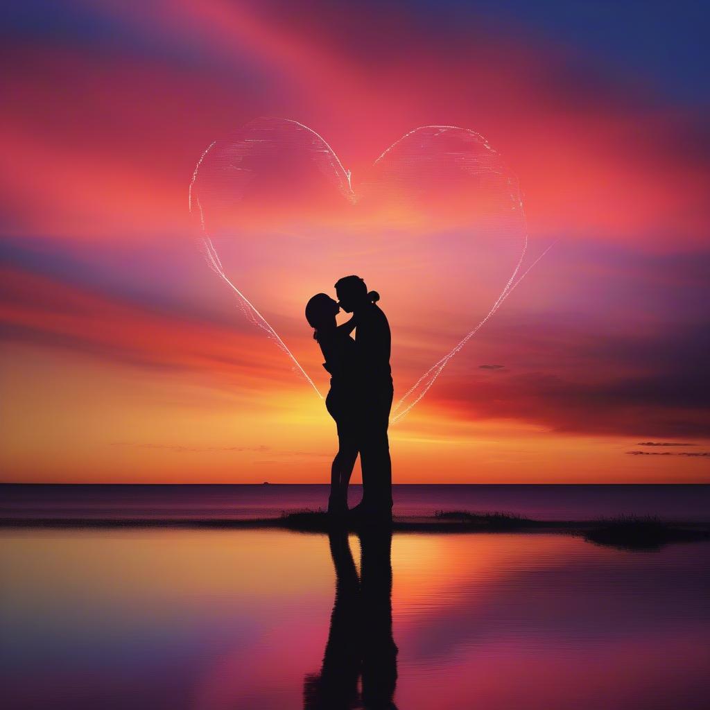 Image of a couple embracing while watching a sunset, with an inspirational love quote subtly placed in the corner.