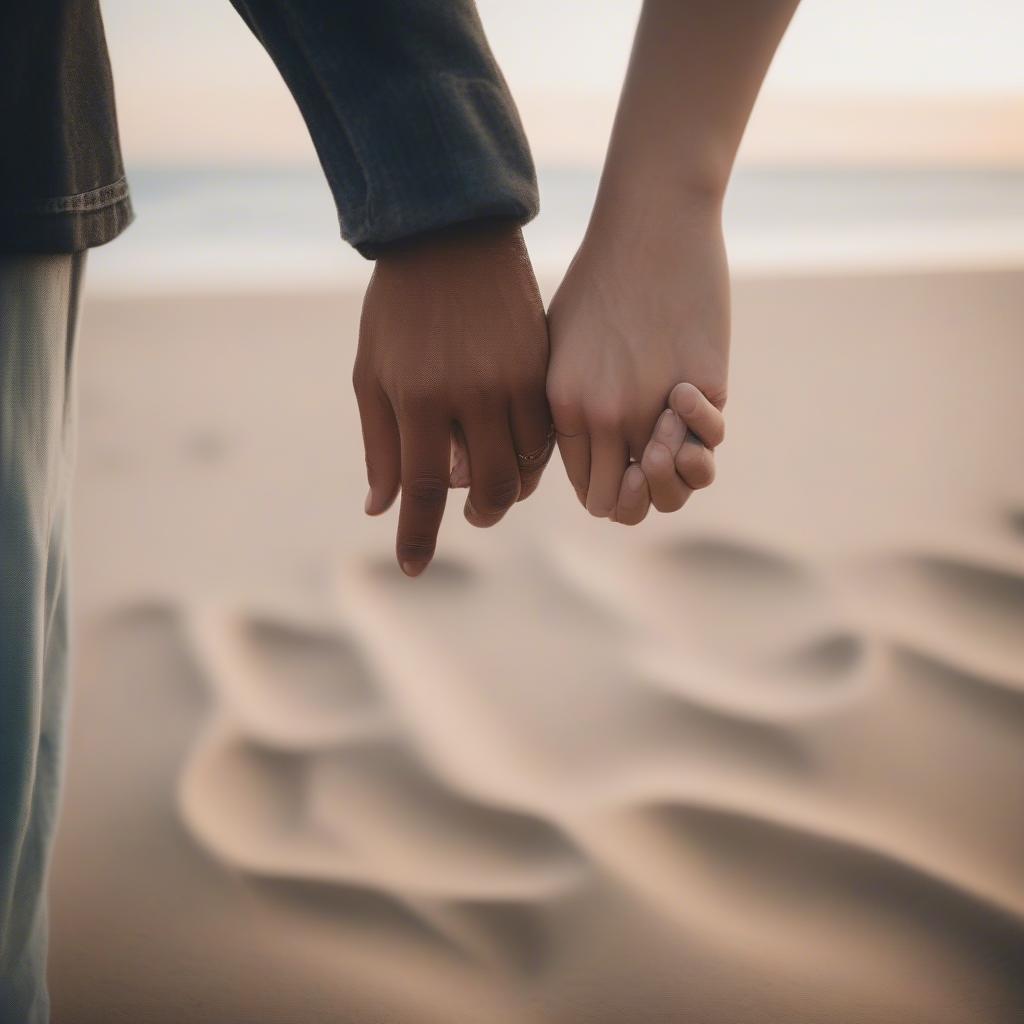 Couple holding hands, walking on beach, love quotes.