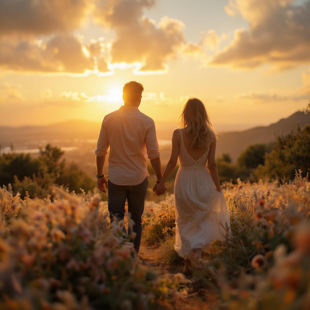 Couple walking at sunset, symbolizing their journey of love and growth