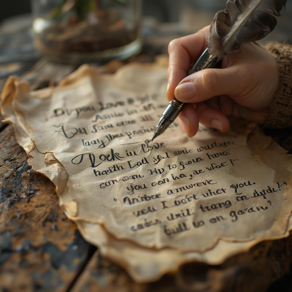 Handwritten love quotes on parchment paper