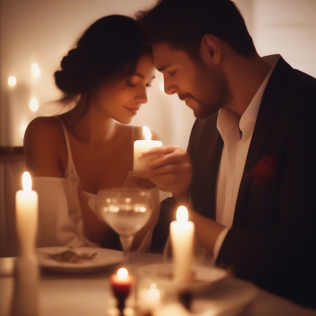 Couple having romantic dinner, candlelight, love quotes.