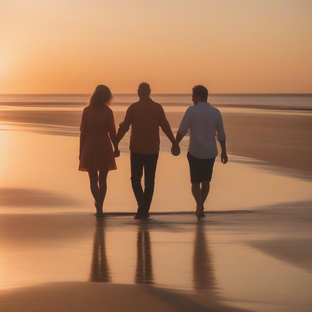 Couple walking on a beach at sunset, holding hands, with the sun setting behind them.