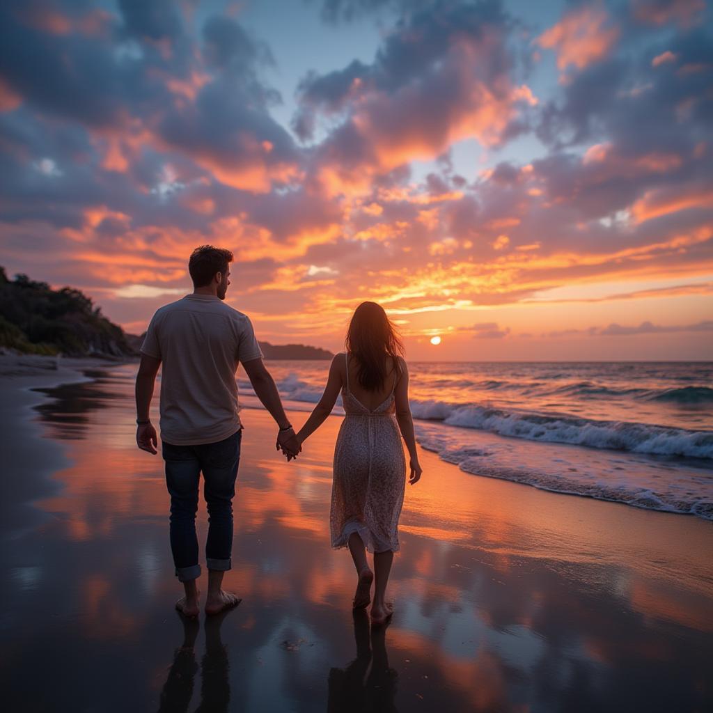 Silhouettes of a couple walking on a sunset beach.