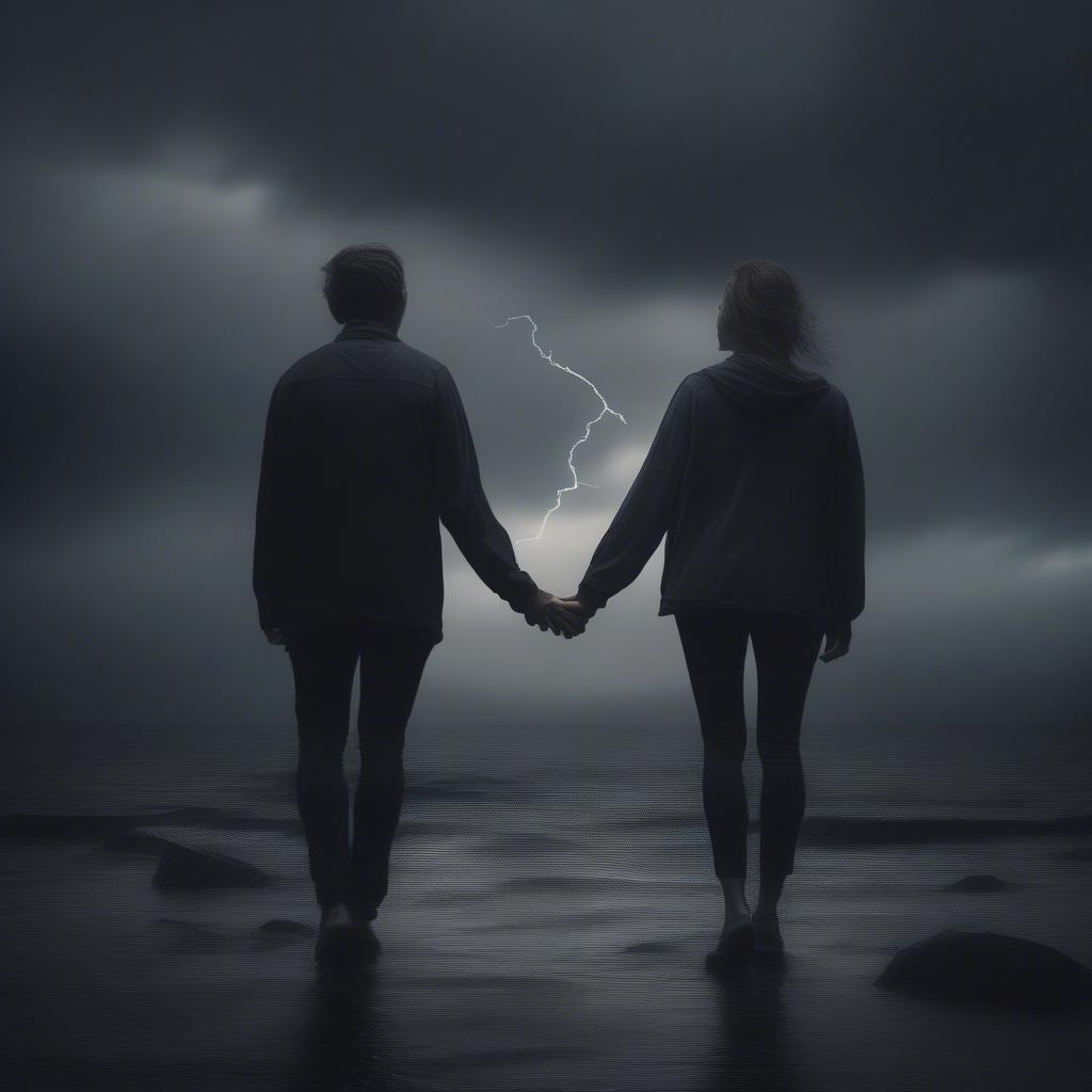 Couple holding hands while facing a storm, representing challenges in love