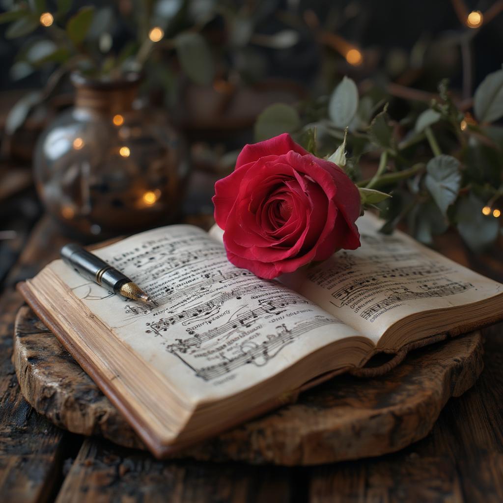 An open notebook with handwritten lyrics to a love song, a pen resting beside it, and a single red rose placed on the page.