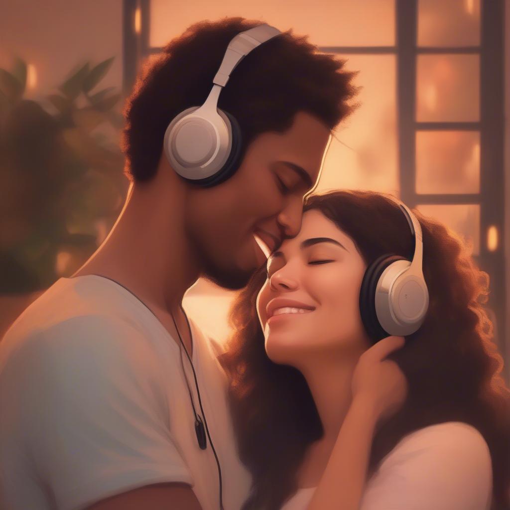 Couple embracing while listening to music on headphones