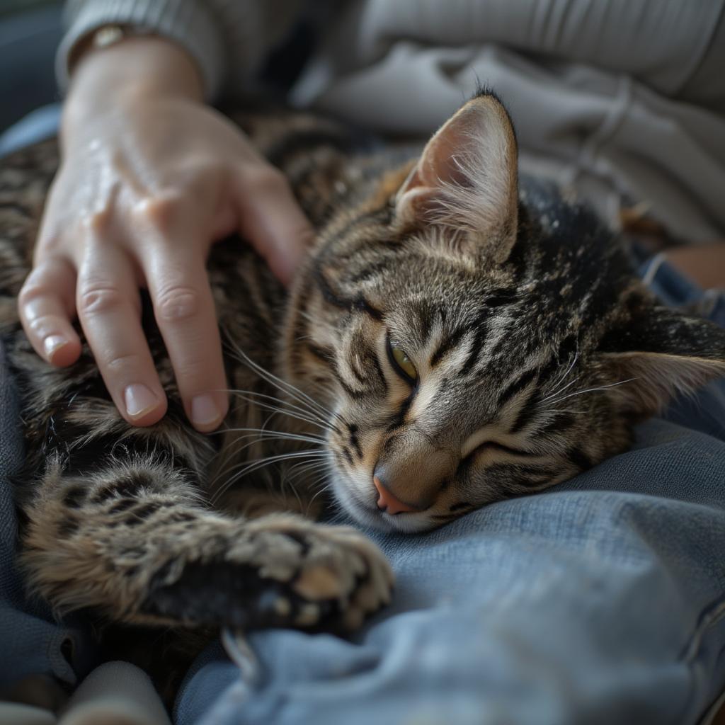 A cat naps peacefully on its owner's lap, illustrating the comforting presence of a pet.