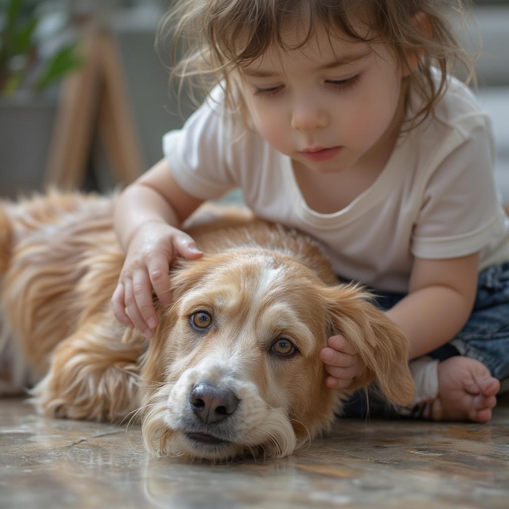 A senior dog rests its head on a child's lap, demonstrating the intergenerational love a pet can bring.