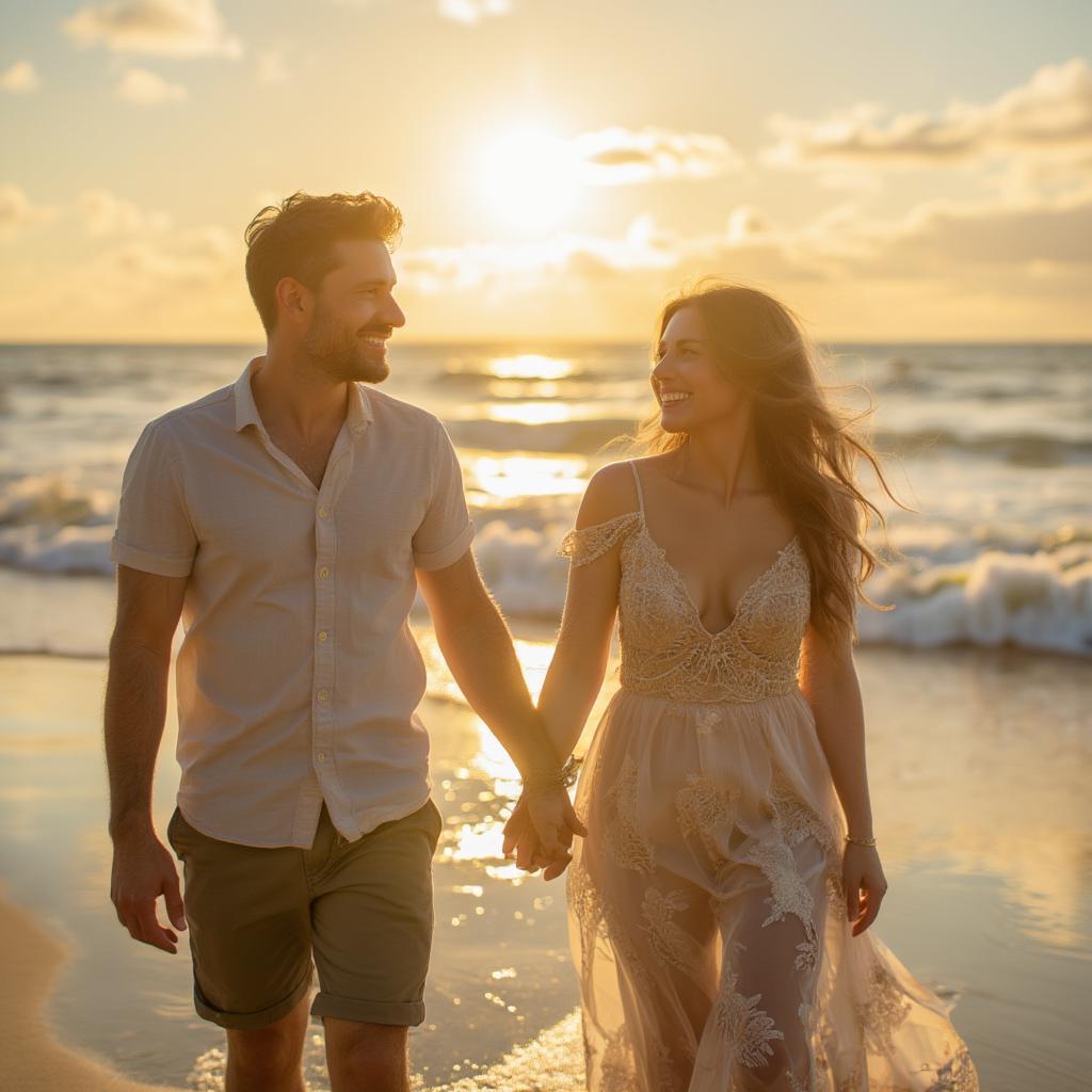 Couple holding hands on a sunny beach