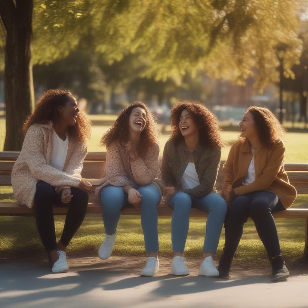 Group of friends laughing together in a sunlit park.