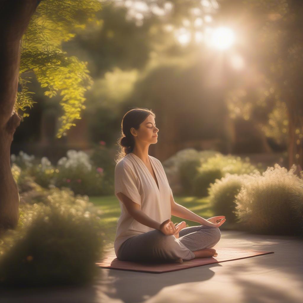 Woman meditating outdoors in a sunlit garden.