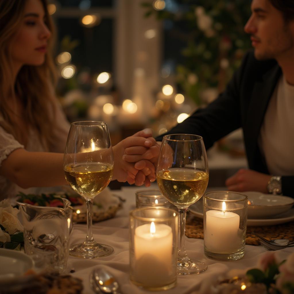 Romantic dinner setting with couple holding hands.