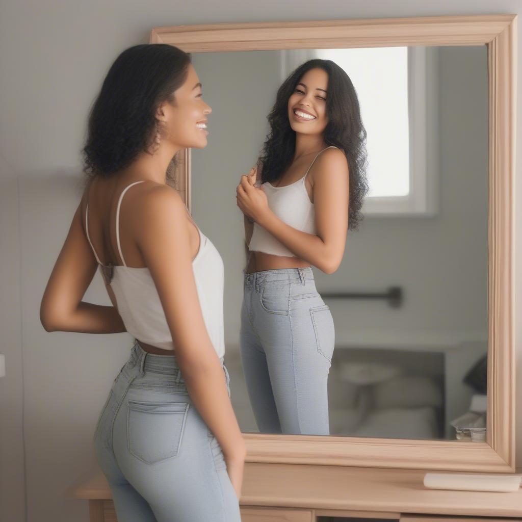 Woman smiling confidently in a mirror, reflecting self-love and a healthy relationship with herself