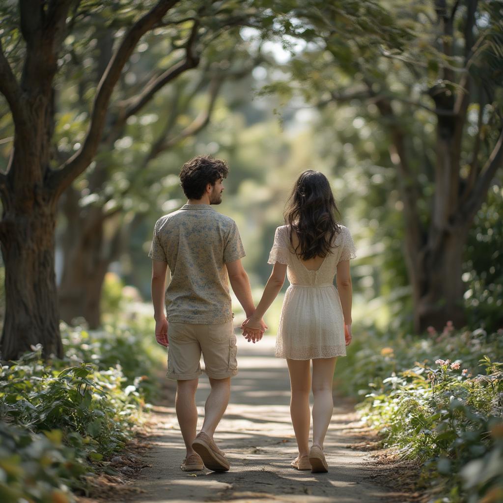 Two lovers holding hands and walking down a path, love, romance, togetherness