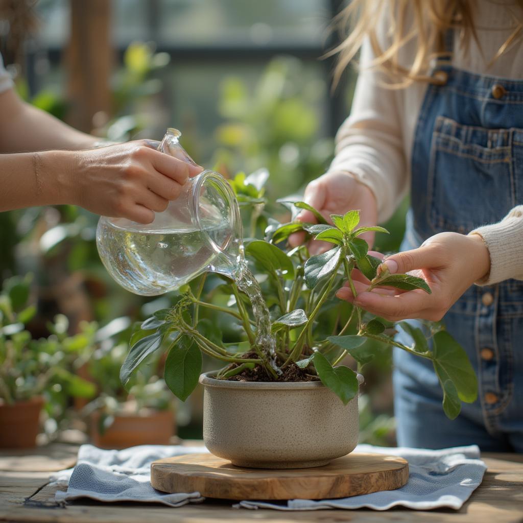 Two people watering a plant together, symbolizing nurturing a relationship