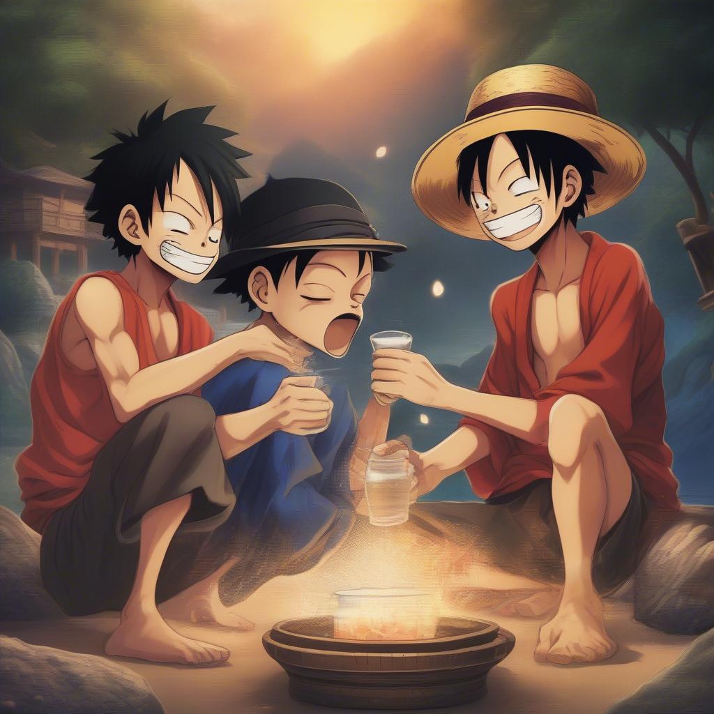 Luffy with his brothers Ace and Sabo sharing a sake cup, a symbol of their brotherhood.