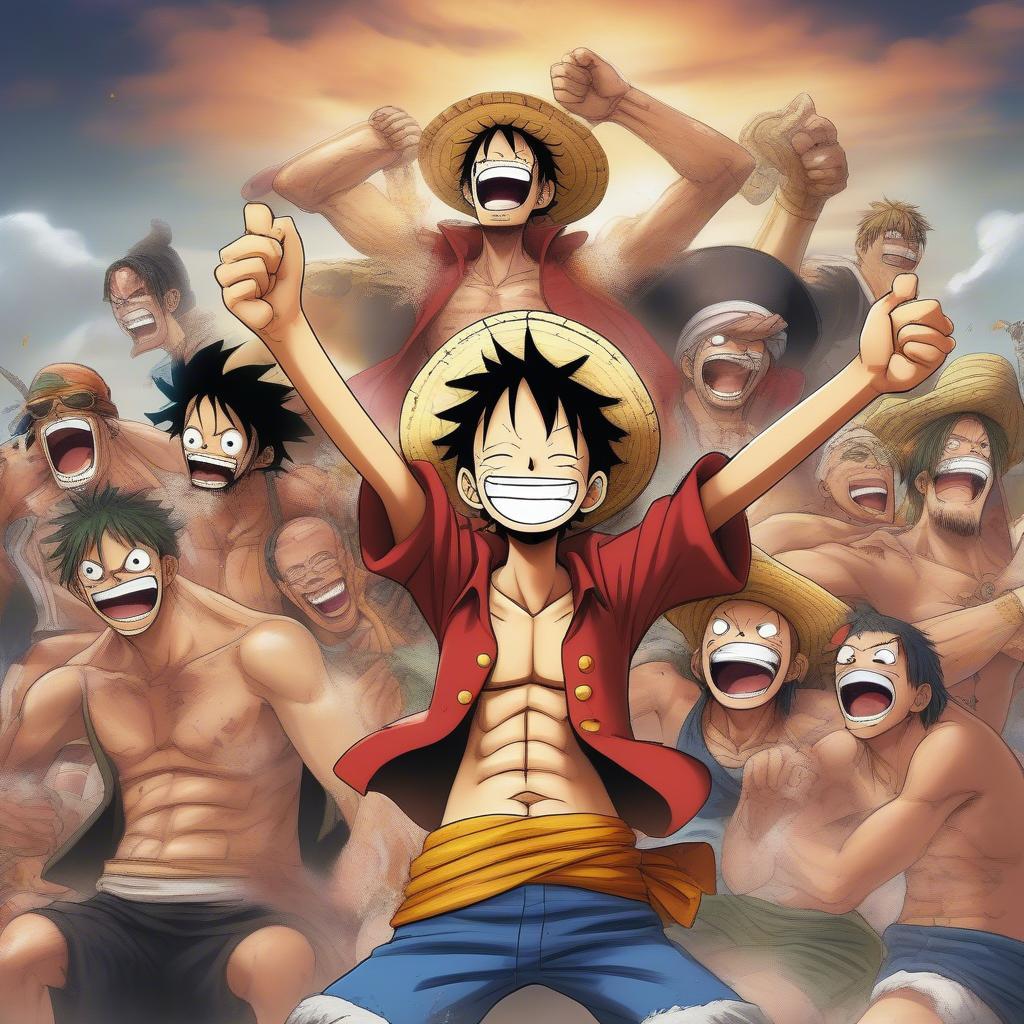 Luffy and his loyal Straw Hat Crew celebrating a victory.