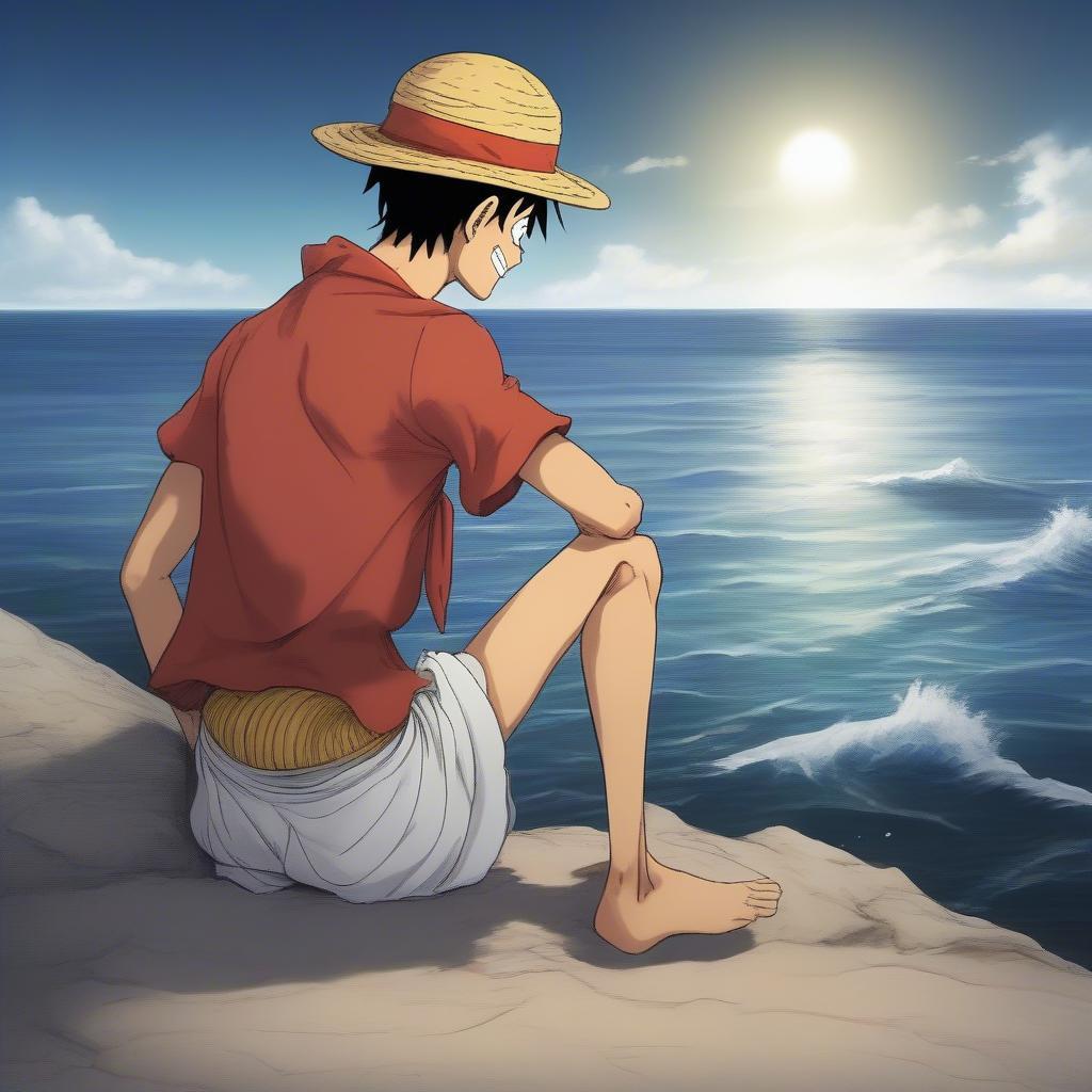 Luffy gazing towards the horizon, a thoughtful expression on his face