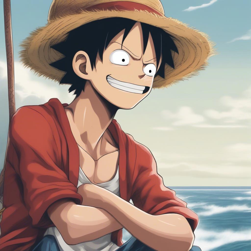 Luffy smiling brightly, facing the open sea with determination