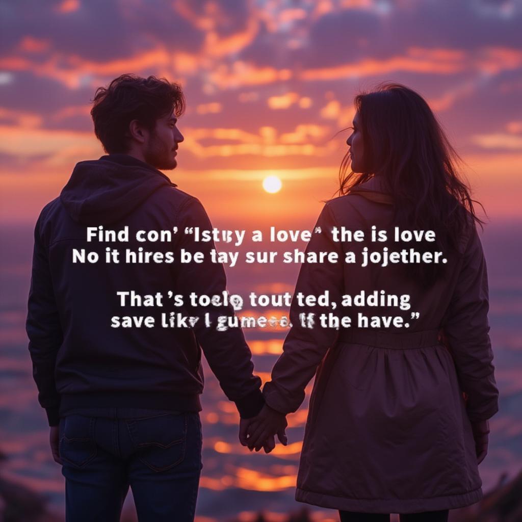 Romantic couple silhouette against a vibrant sunset with a love quote overlay.