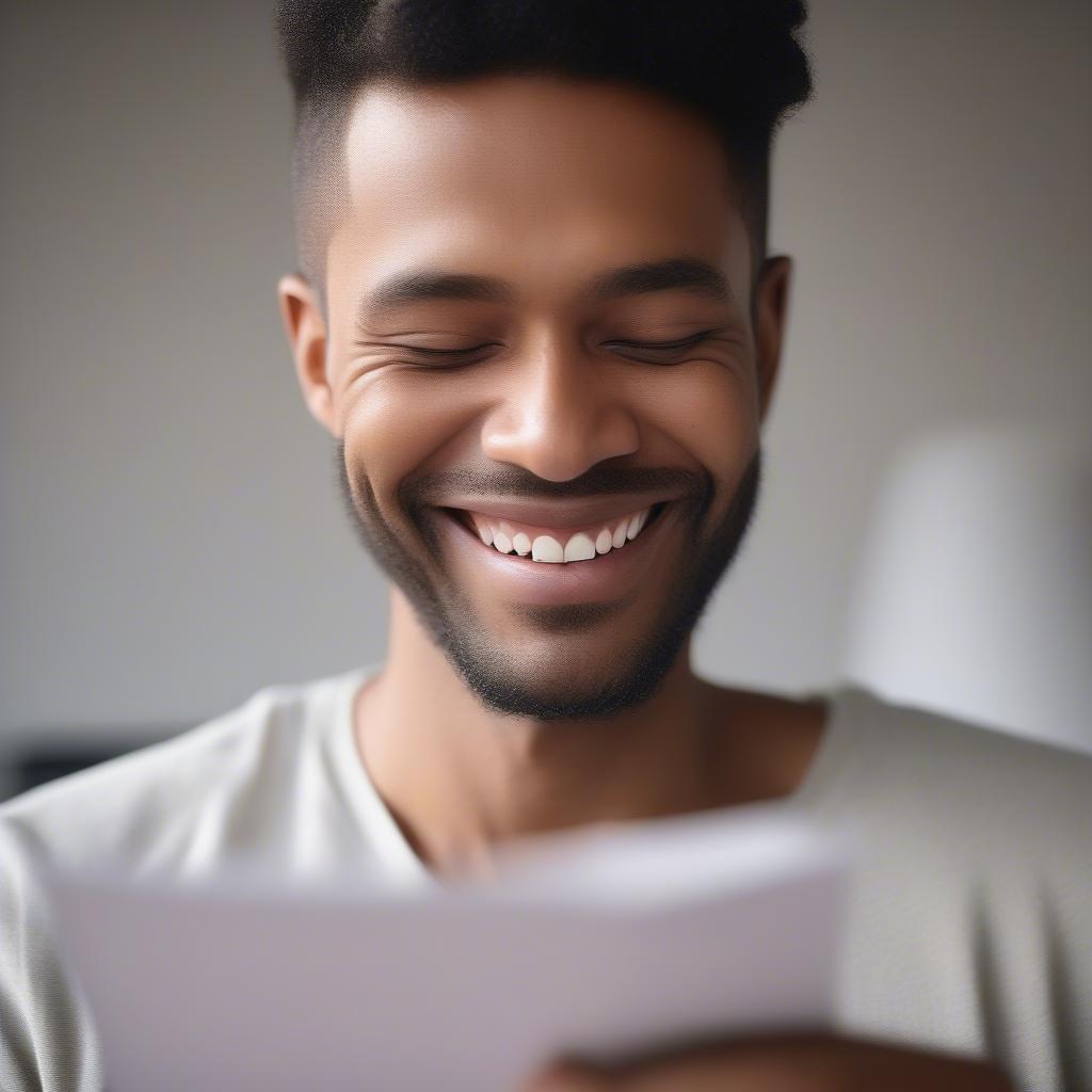 Man smiling while reading a love note