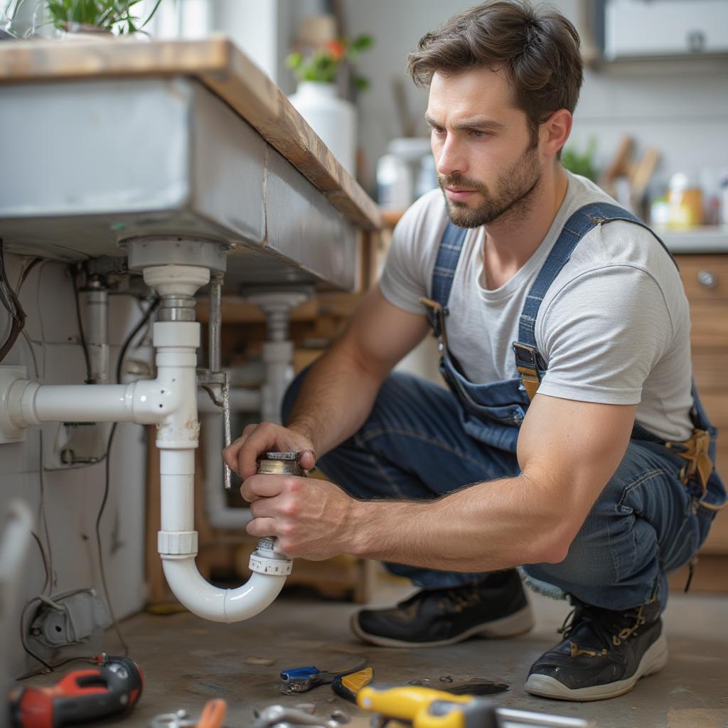 Man performing acts of service by fixing a sink