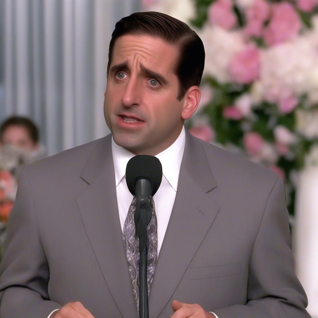 Michael Scott giving a heartfelt speech at a wedding.