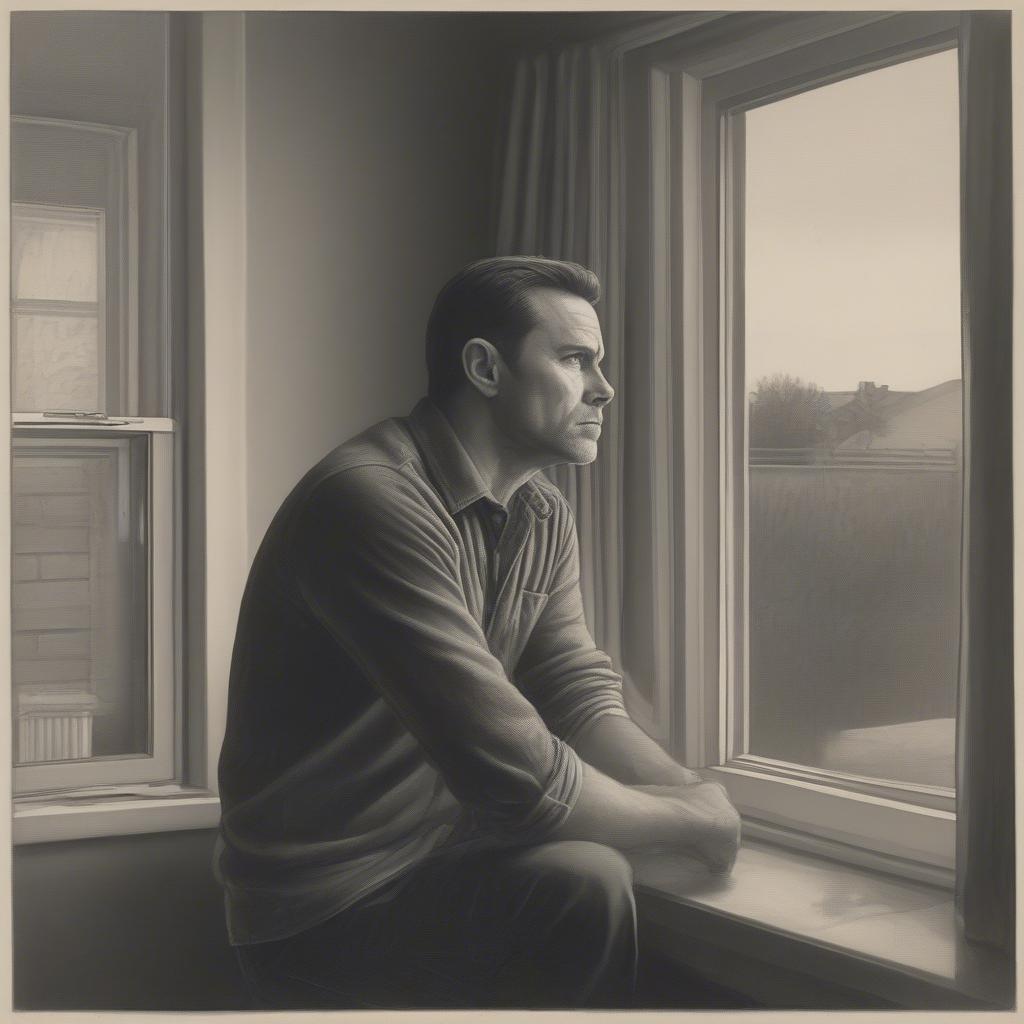 Man in his 40s staring pensively out a window.