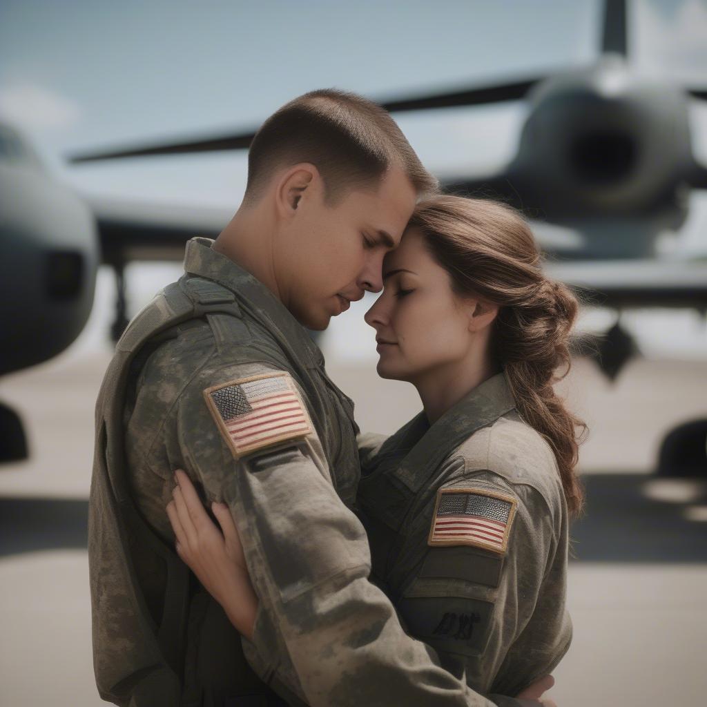 Couple Embracing Before Deployment - Miss You Military Love Quotes