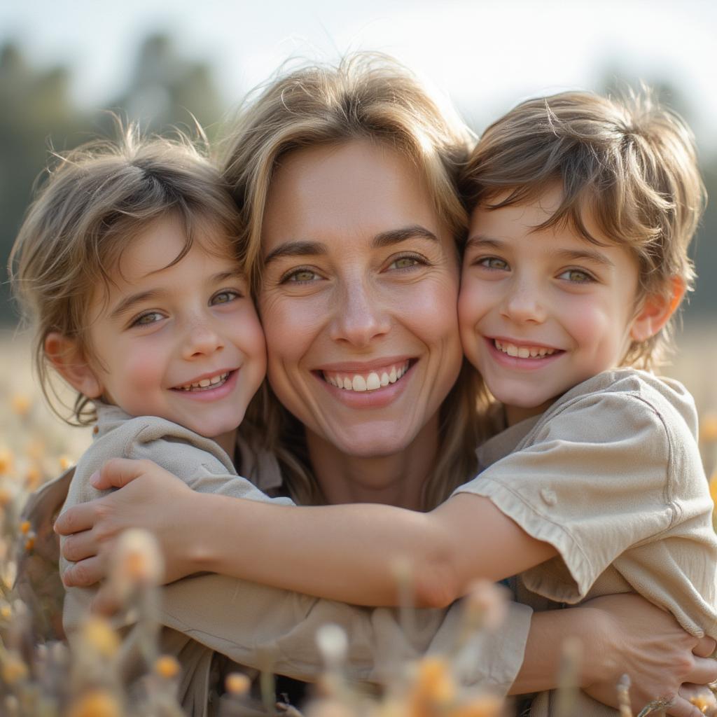 A mother embraces her two sons, a picture of love and connection