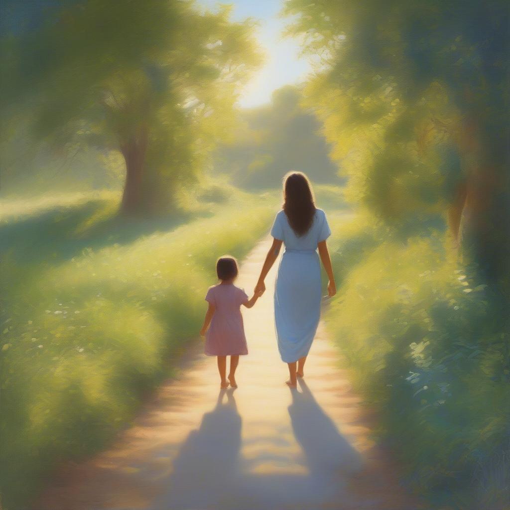 A mother and child holding hands, walking together on a sunny path.