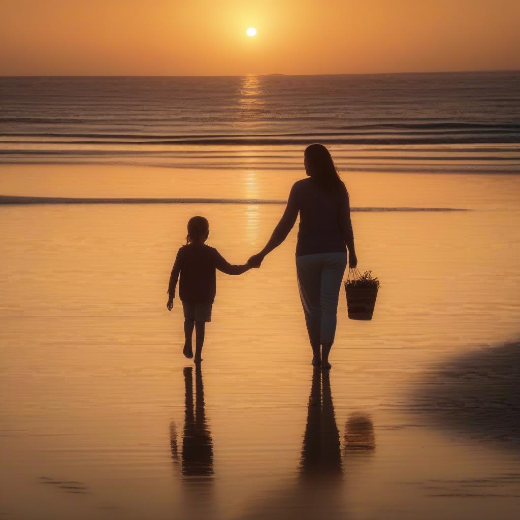 Mother and Child Holding Hands on the Beach