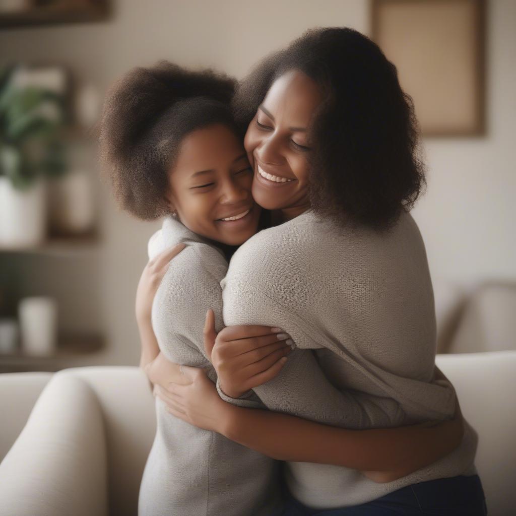 A mother and daughter embracing in a warm hug.