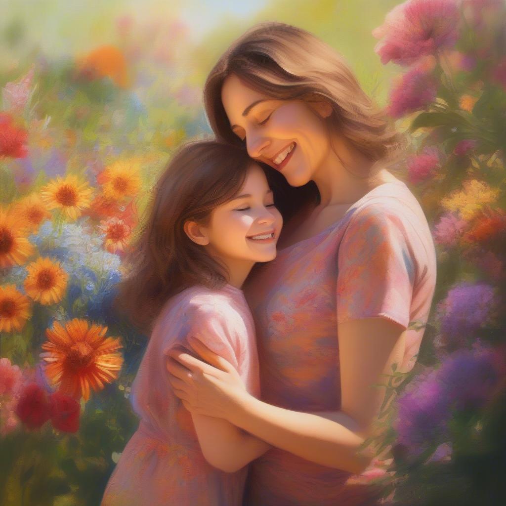 Mother and Daughter Embracing in a Garden