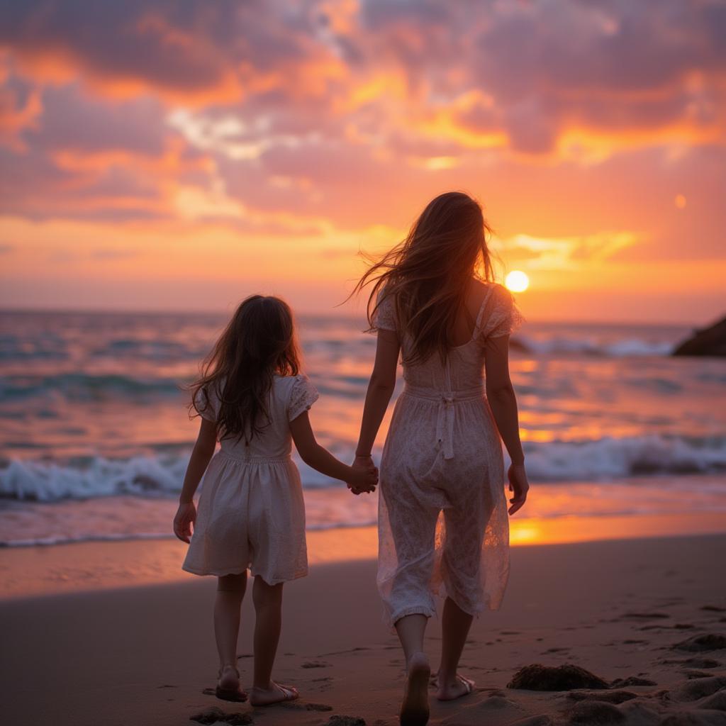 A mother and daughter walking hand-in-hand on the beach at sunset.