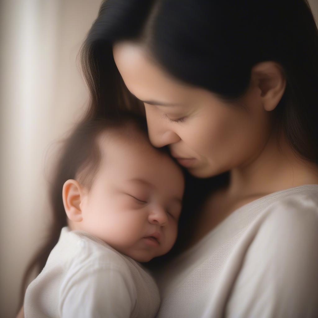 A mother tenderly kissing her baby's forehead.