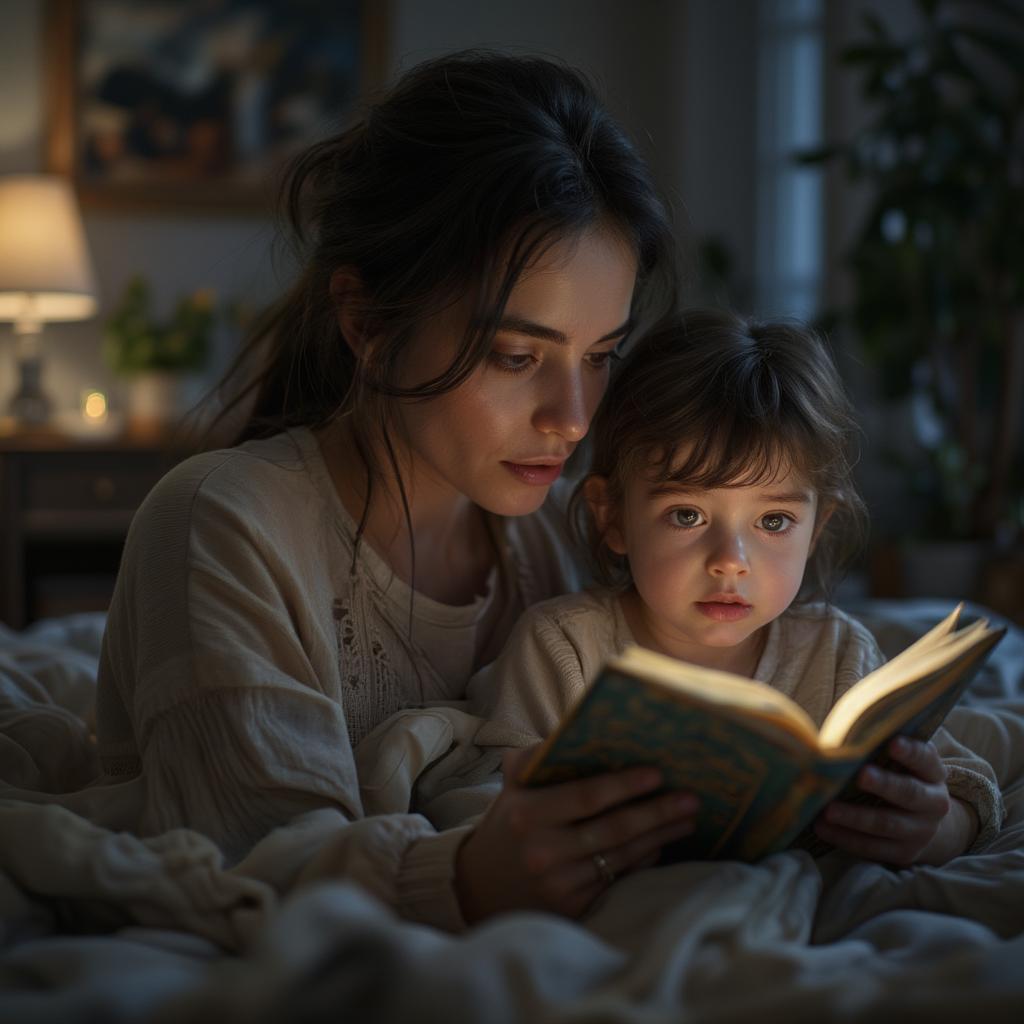 A mother reads a bedtime story to her child