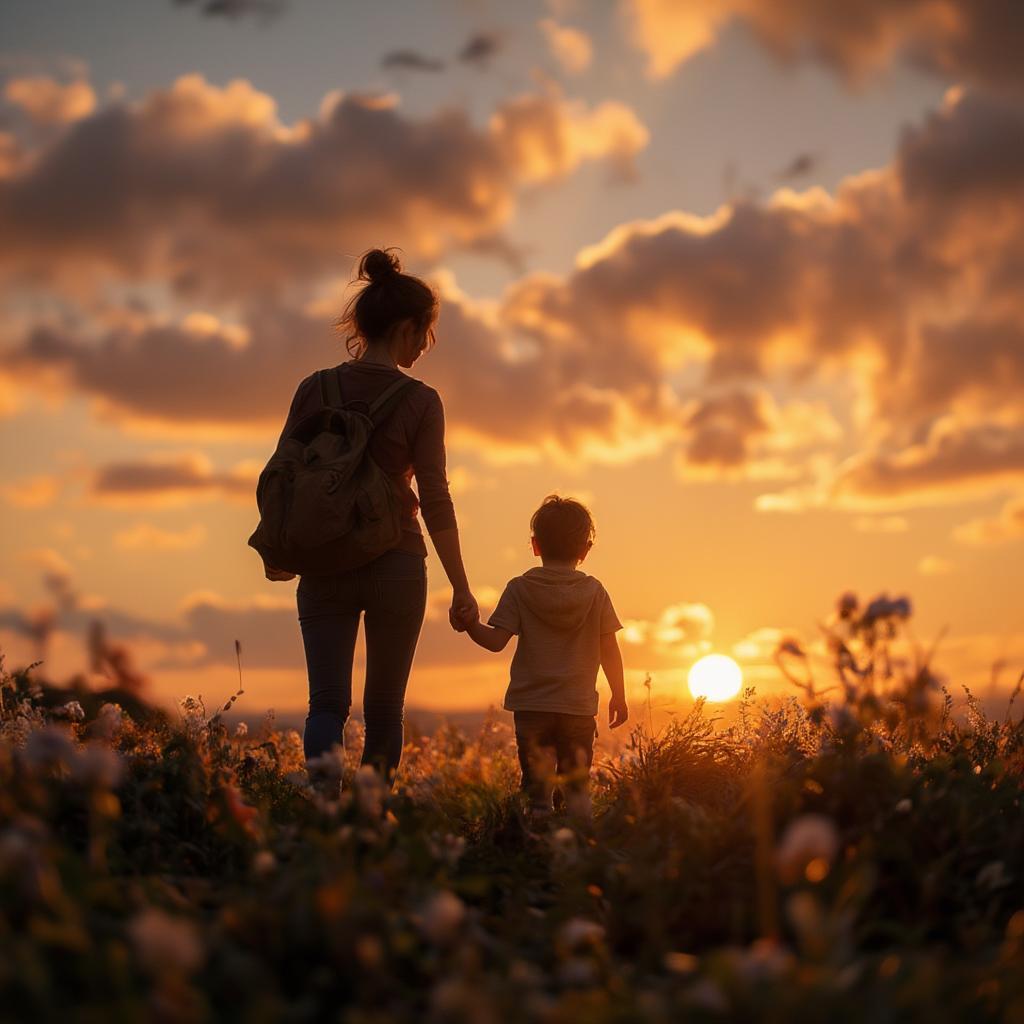 Mother and Son Walking at Sunset