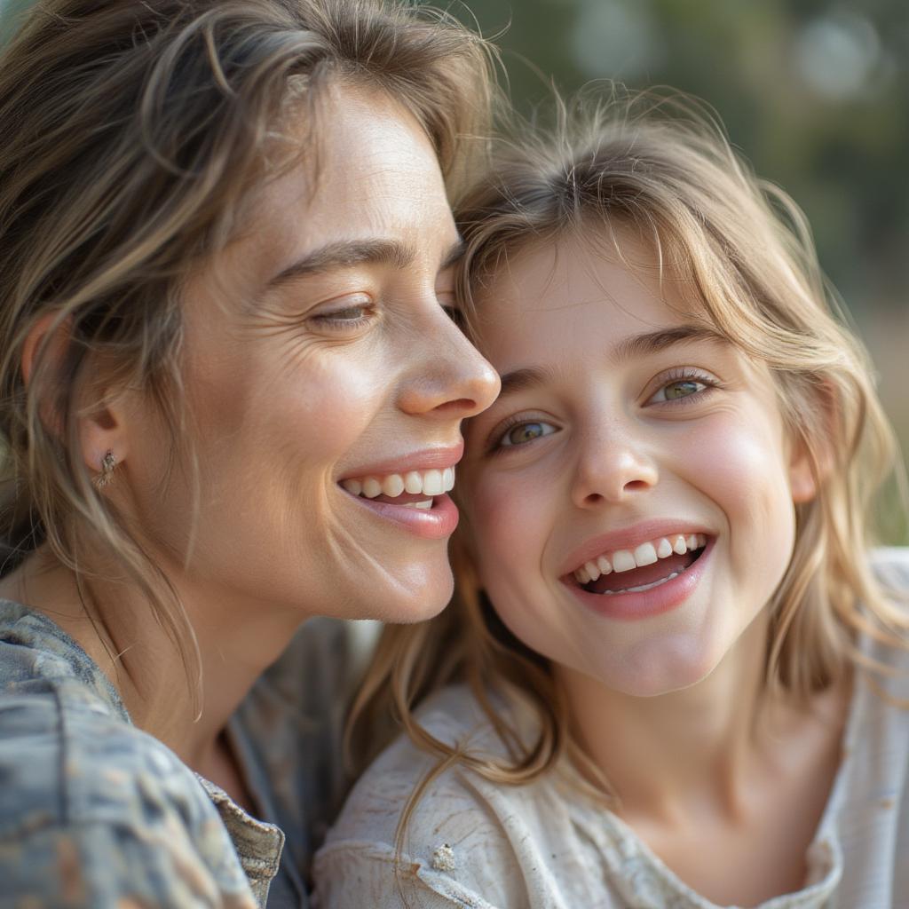 A mother and grown-up child laughing together, representing a strong, enduring bond.