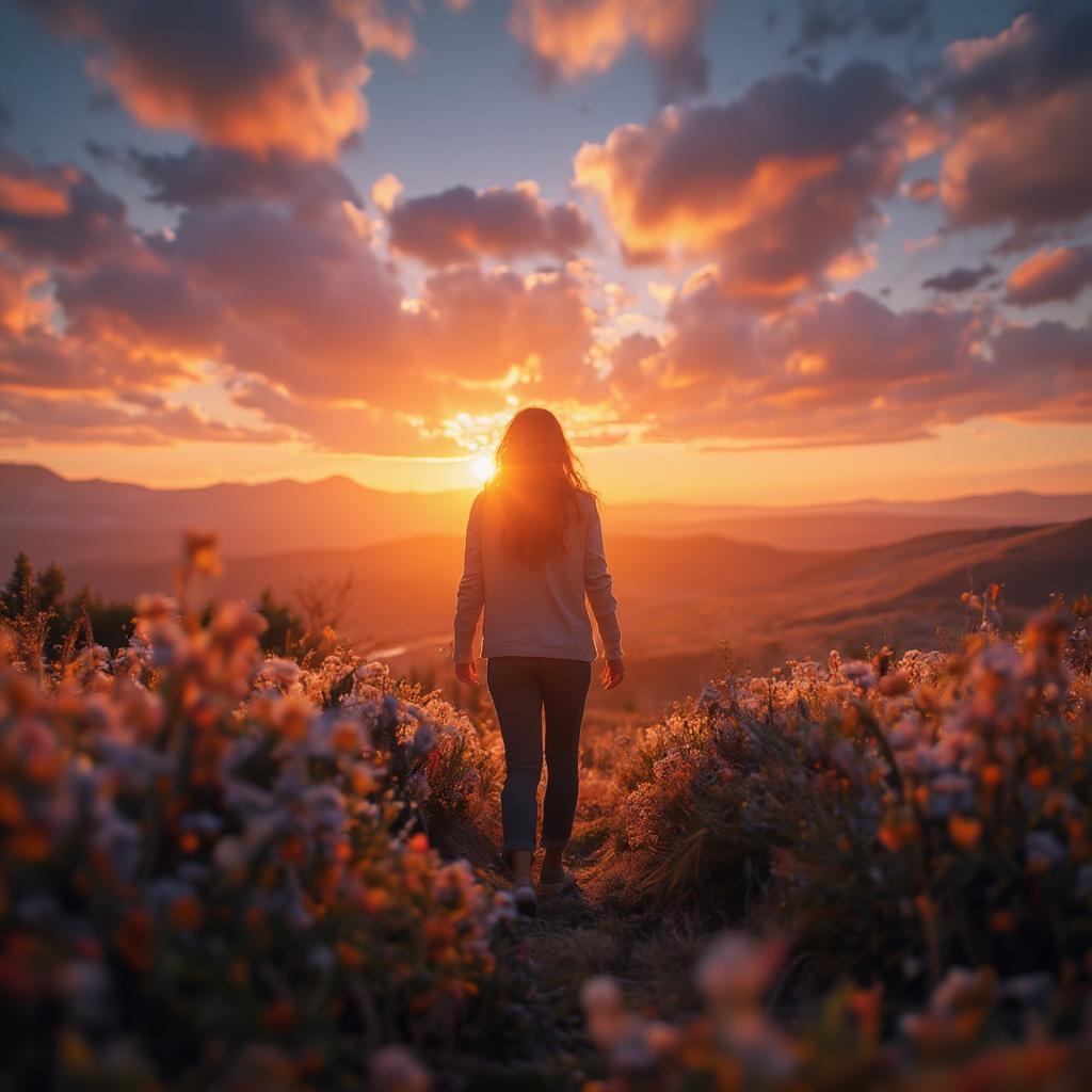 A person walking towards a bright sunrise, symbolizing moving on