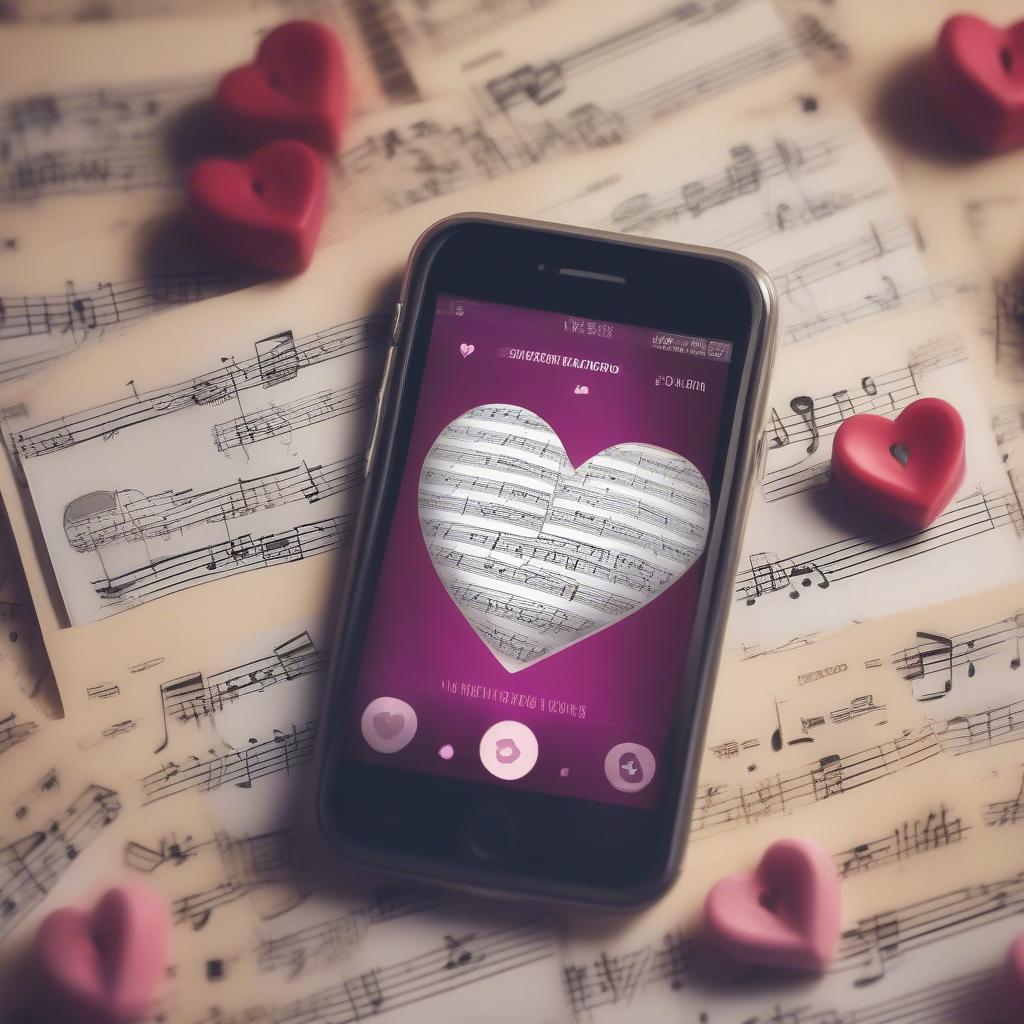 Smartphone displaying music love quotes on social media, surrounded by concert tickets and a heart-shaped locket.