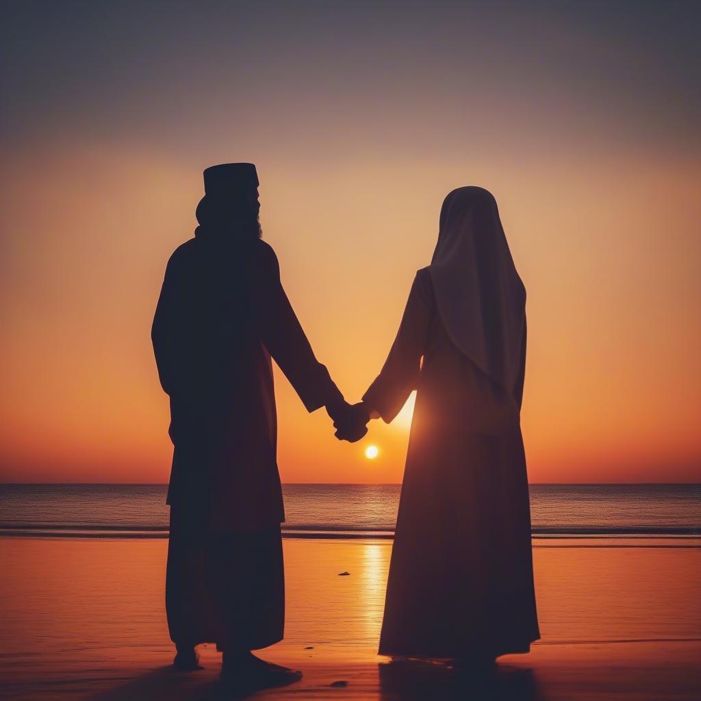 Silhouetted against a vibrant sunset, a Muslim couple holds hands, symbolizing their unity and shared journey.