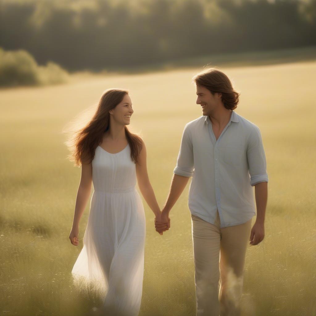 Couple walking hand-in-hand in a natural setting