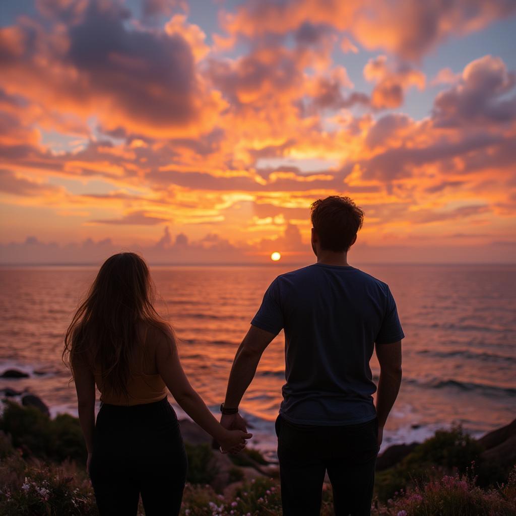 Couple watching sunset, reflecting the beauty of nature and love.