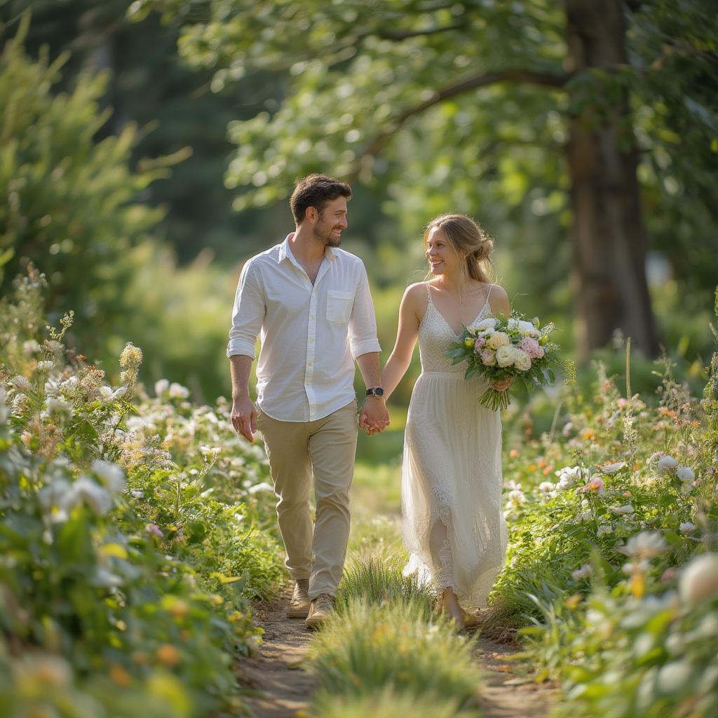 Couple walking through a forest, enjoying the serenity of nature and each other's company.