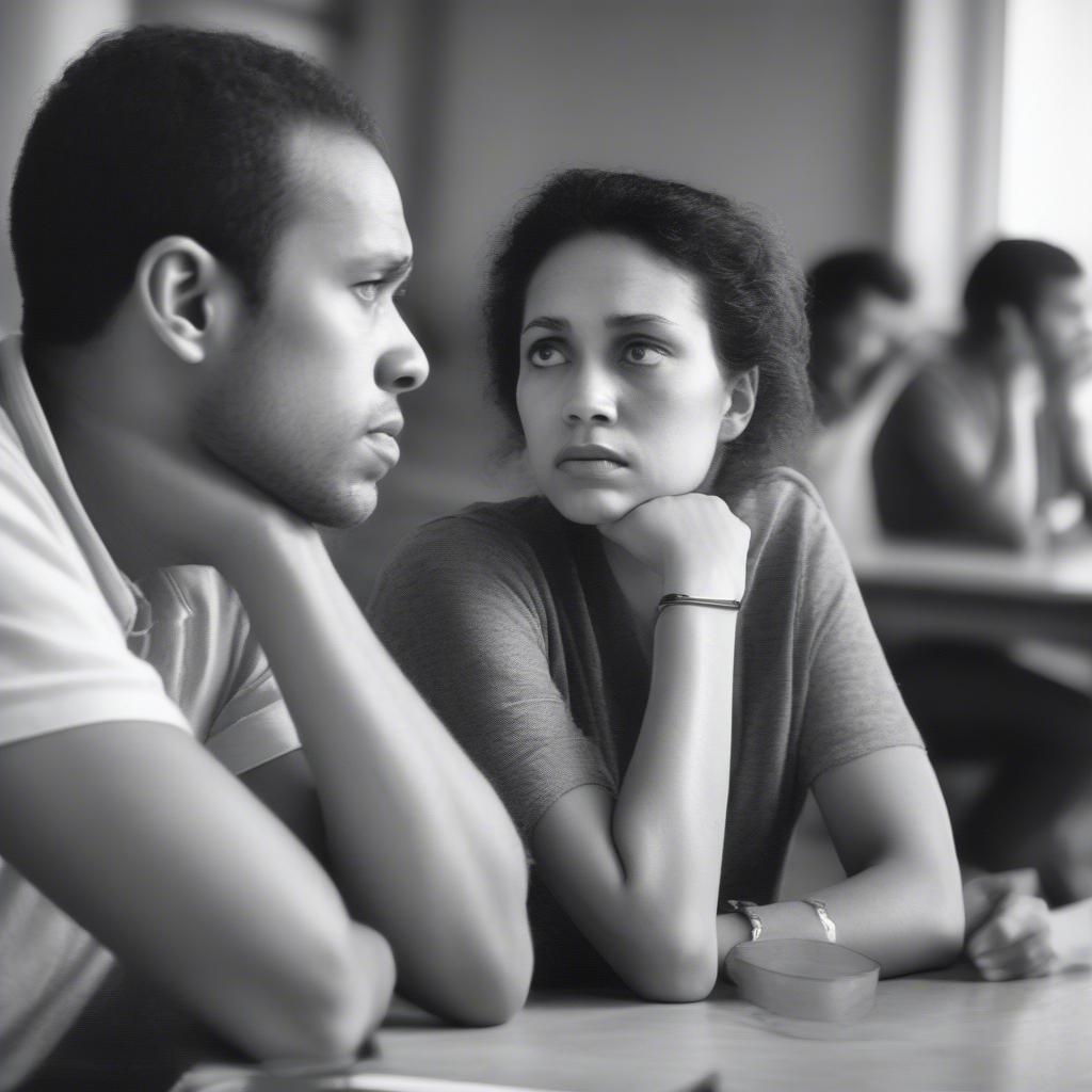 Two people talking, one looking distressed